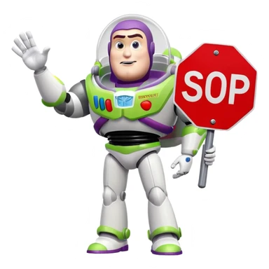 Buzz Lightyear character with a red stop sign above him sticker