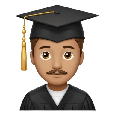 A young man with short brown hair, light brown skin, and a small mustache, wearing a black graduation cap with a gold tassel. sticker