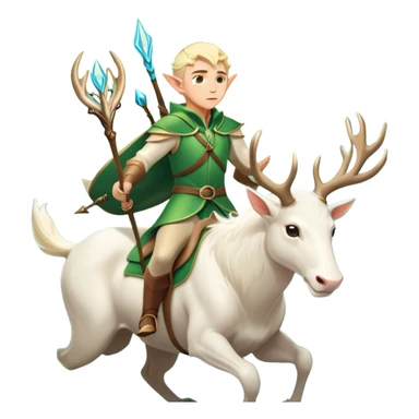 clash-of-clans-aesthetic-blond-male elf-archer-portrait-emoji, rendered in a flat, vector-style with minimal shading and bold, simplified shapes, head tilted slightly forward with a determined, focused expression, riding a majestic white stag whose antlers glow with mystical energy, set against an ancient, enchanted forest backdrop. sticker