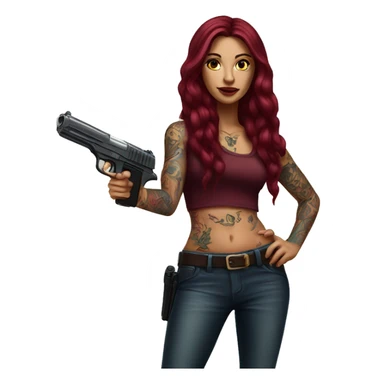 Beautiful tattooed burgundy long haired woman with a gun sticker