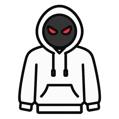 simple white hoodie, black face circle, only red angry eyes, flat icon style sticker