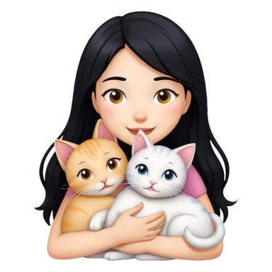 happy girl with black hair hugging three cats   sticker