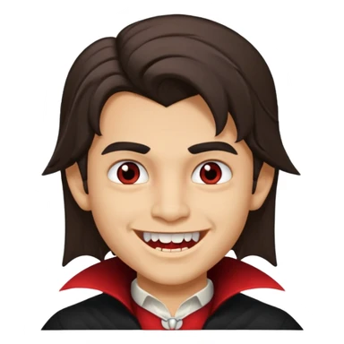 hispanic boy, medium length hair, vampire teeth sticker