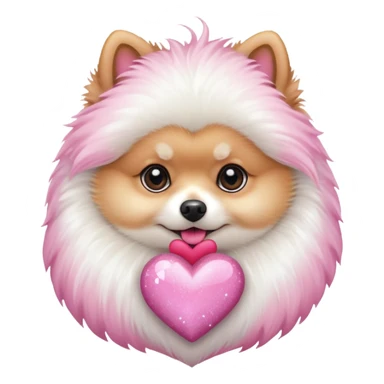 A Pomeranian holding a pink sparkling heart sticker