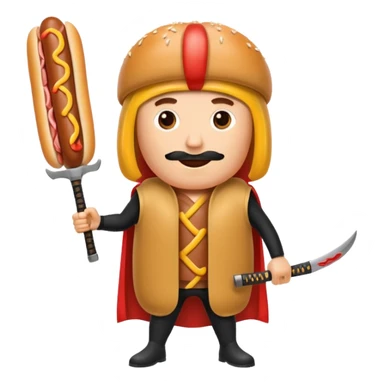 Middle aged attractive man wearing a hot dog costume wielding a katana sticker