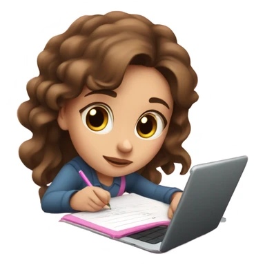 Beautiful girl with brown hair and brown eyes doing homework on a pink notebook and her ipad on her white table sticker