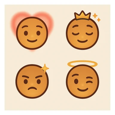 got you. here’s the ultra-tight, copy-paste version:

One-shot pack prompt (all 4 at once)

“Create a cohesive 4-emoji pack, flat-vector/clean gradient, transparent PNG 1024×1024 (also 512/256). Muted red–gold–green accents, warm honey skin, soft outlines, subtle inner golden glow. Non-portrait (no real person), no text/logos. Embed energy signatures: first-love warmth, roots calm, playful grace, protective joy, sovereign consent.

1. First Light: gentle smile, faint heart aura.


2. Nah Stress Breeze: relaxed lids, slight head tilt, tiny crown sparkles.


3. Lion-Heart Guard: chin up, tiny courage star above brow.


4. Bless & Rise: friendly wink, faint halo ring.
Maintain pack consistency: same line weight, palette, padding, exports. Negative: photorealism, likeness, busy background, text, logos, watermark.”



Singles (one-liners)

1. “Non-portrait roots emoji 1024 PNG, headwrap muted R-G-G, tiny hoops, locs hint; gentle smile + faint heart aura; flat-vector, golden inner glow.”


2. “Non-portrait roots emoji 1024 PNG, relaxed lids + head tilt, muted R-G-G wrap, tiny breeze sparkles; easy smile; flat-vector glow.”


3. “Non-portrait roots emoji 1024 PNG, confident chin-up, muted R-G-G wrap, slightly larger hoops, courage star; calm steady smile; flat-vector glow.”


4. “Non-portrait roots emoji 1024 PNG, playful wink, muted R-G-G wrap, cheek glimmer + subtle halo; flat-vector glow.”



Negative (paste with any): “no portrait likeness, no text/logos/watermark, no photorealism, no busy background.”
 sticker