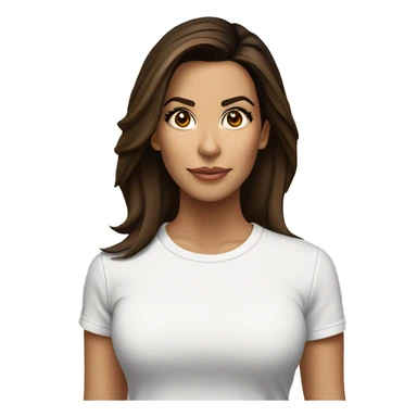 3/4 face, contrasted, shadow, light, Eva Longoria expression, standing from a distance, thin nose, brunette woman, hazel eyes, long eyelashes, dark shoulder shaded hair, white t-shirt, jeans, white sneakers sticker