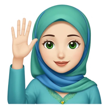 Turkish beautiful finish Konya girl blue hijab and green heart dress and wink her hand goodbye  sticker