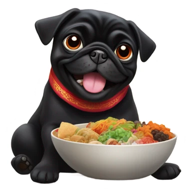 Black pug eating Chinese food sticker
