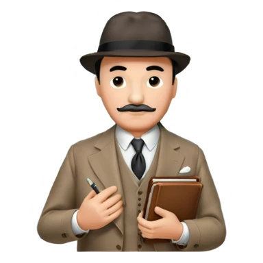 A cinematic-style frame showing Hercule Poirot in his iconic suit with a notebook in a dramatic detective pose. Background should be mysterious city, map, a board with photos of suspects, clues like fingerprints. Transparent background. sticker