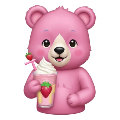 A pink bear is holding a strawberry and drinking a strawberry milkshake 
transparent background 
the style should be a teenager's hand-drawn, 2D, 2020s Japanese character-like sticker