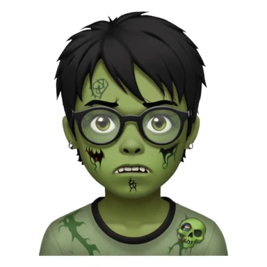 Boy, zombie, black hair, medium long, emo, shaggy, dark, spooky, creepy expression emoji, add dolce gabanna glasses, a risk on the eyebrow, some tattos  sticker