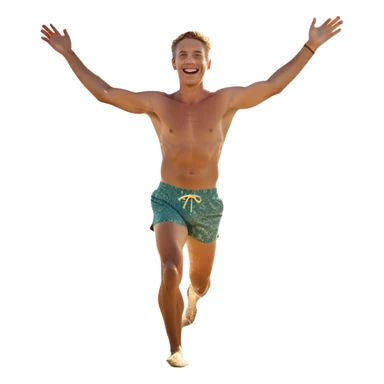 A white man running into the ocean with arms wide open, embracing the waves and the moment. The sun shines warmly, and the water sparkles, symbolizing the joy of creating fun and appreciating life’s simple moments. Their footprints in the sand fade as they fully immerse themselves in the present. sticker