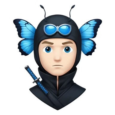 Crea una imagen con estos dos emoji 🥷🏻🦋
él ninja blancoCrea un emoji para usar en WhatsApp con estos dos emoji 🥷🏻🦋.
Ninja vestido de negro con la piel blanca con una mariposa azul posada en cabeza como si estuviera volando. con la mariposa posada en cabeza como si estuviera volando.

 sticker