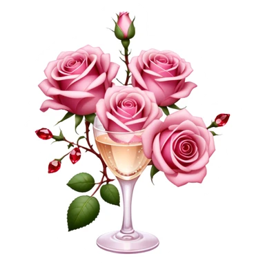 Soft pink champagne roses intertwine with glistening rubies, blending elegance with warmth. The delicate petals and deep red gems create a luxurious, romantic scene. sticker