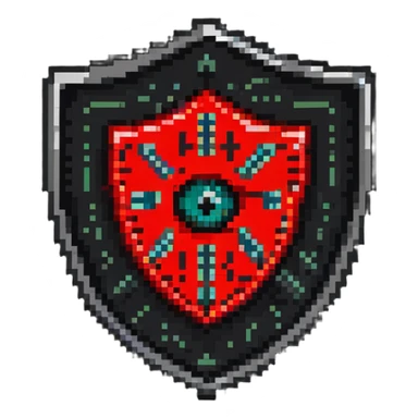 Shield badge with binary code pattern and a red warning eye symbol, cybersecurity expert sticker