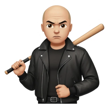 Bald Russian 1990s gangster emoji, leather jacket, , serious angry face with a bat sticker