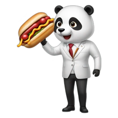 A professor with white suit and red tie and a panda face eating a hotdog and holding a black suitcase sticker