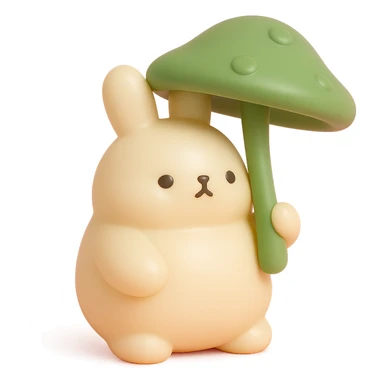 chubby bunny holding a mushroom umbrella, pastel beige and moss green, vinyl figure style sticker