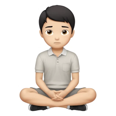 Cartoon Asian boy sitting cross-legged, clearly resting his closed fist against his cheek, looking thoughtful with a slight smirk. White polo, gray pants, black shoes, large eyes, short black hair. Clean vector style, flat colors, black background. sticker