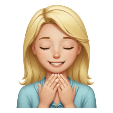 Happy blonde girl with eyes closed and mouth smiling and hands cupped around her neck sticker