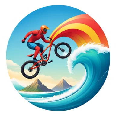 A bold, dynamic emblem combining elements of extreme sports like a mountain, a bike, surfing, ocean and a parachute, all within a circular or shield-like shape. The design conveys speed, adventure, with sharp lines and vibrant colors representing the thrill and intensity of extreme sports. sticker