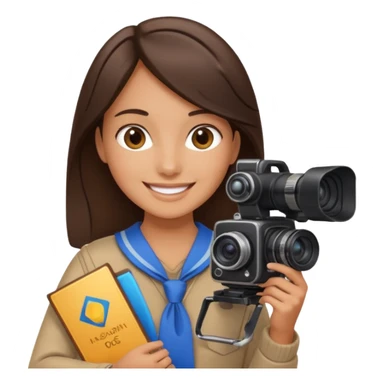 A brunette girl smiling, she’s a proud and successful filmmaker 🍿🌍✨ she’s next to a camera, / holding awards  sticker