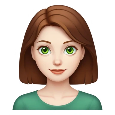 A woman with brown hair and green eyes and pale skin smirking like a “teehee” mischievous face sticker