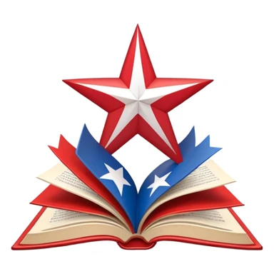 Scenic design book with Puerto Rican flag colors and pattern flowing through its pages, theater stage elements and flag's star incorporated into book design sticker