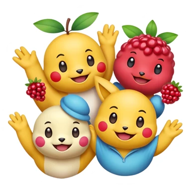 Three Pokémon characters showing kindness and teamwork. One Pokémon is handing a berry to another, while the third Pokémon is cheering and clapping happily. They look joyful and friendly, standing close together in a bright, colorful cartoon scene. The style is cute, playful, and emoji-like. sticker