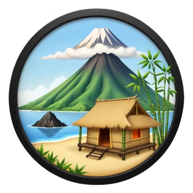 bamboo hut with volcano in the back in Volcano Island  sticker