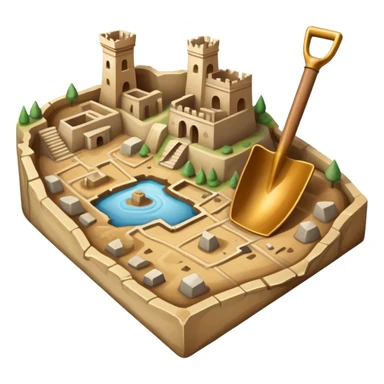 An icon showing an ancient city excavation site with uncovered ancient vessels, an old map, and a shovel. The design captures the thrill of uncovering historical treasures and ruins. Transparent background highlights the excitement of archaeological discovery. sticker