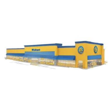 “Walmart store with a simple, recognizable design, featuring the iconic sunburst logo, blue and yellow color scheme, and storefront details that convey a large retail environment.” sticker