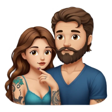 woman with long wavy brown hair tattoos and bearded man, she holds his chin, close flirty stare, moonlight glow sticker