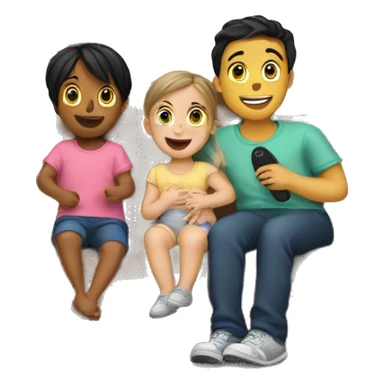 3 kids and a baby playing in front of a television sticker