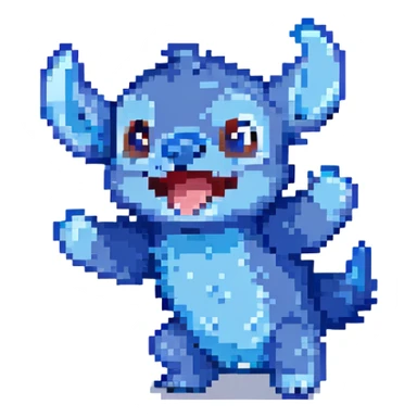 Stitch from Lilo & Stitch, pixel art style, jumping, excited expression, blue fur sticker