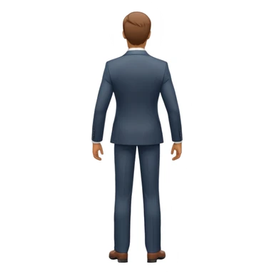 professional person in suit, viewed from 3/4 rear angle, standing upright, arms at sides, minimal and clean emoji style, white background sticker