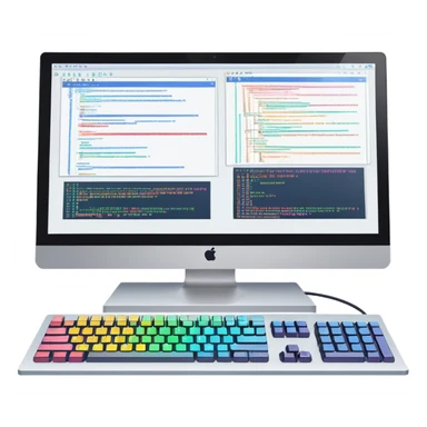 An icon featuring two large monitors filled with colorful code lines, symbolizing programming. The design includes a keyboard, terminal windows, and flowcharts in the background, representing software development, logic, and debugging. Transparent background sticker