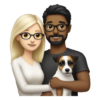 A White blonde girl and a white boy with black hair, glasses, a little Beard and moustache, both cuddling a jack Russell sticker