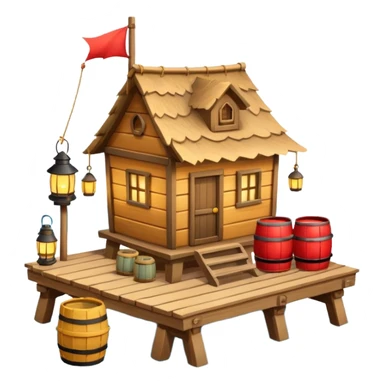 
fisherman house on a wooden pier, small dock, fishing nets hanging, barrels, lantern, ocean vibe, 3D cartoon, cute mobile game icon, clean background, no text
 sticker