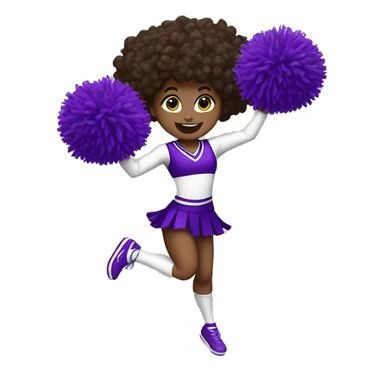 Caucasian cheerleader with dark brown curly hair, jumping and holding up two purple Pom poms, small full body emoji sticker