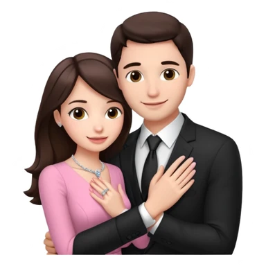 Brunette girl, with an engagement ring on her finger hugging a handsome man, (her boyfriend) both of them happy, she’s wearing a pink dress, he is wearing a black suit, he’s also a rich businessman, and there is the 💜 purple heart emoji on top. They look in love with each other.  sticker