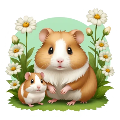 Icon for Hamster and Guinea Pig: A portrait-style collage with a fluffy hamster with soft fur, looking curious, and a friendly guinea pig with long, smooth fur, both on a soft green background with flowers and soft light. Transparent background. sticker