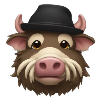 Sad brown stubble boar with tusks in black winter hat sticker