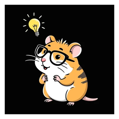 unique, colorful, hand-drawn, modern, realistic hamster with cool glasses, thinking about an idea with a lightbulb above its head, solid black background, illustrated in Procreate on an iPad, not kiddish sticker