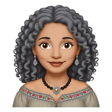 Latina woman, about 55 years old, dark warm brown skin, round soft face, long curly black and gray hair, no headband, medium eyes, thin eyebrows, gentle smile, gray peasant blouse with embroidery, bare shoulders, large dark necklace sticker