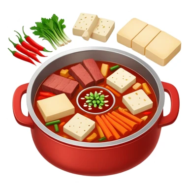 Chongqing Nine-grid Hot Pot with divided sections and spicy red broth, simplified emoji style with bold outlines and bright colors, cartoon style square Jiugongge Huoguo sticker