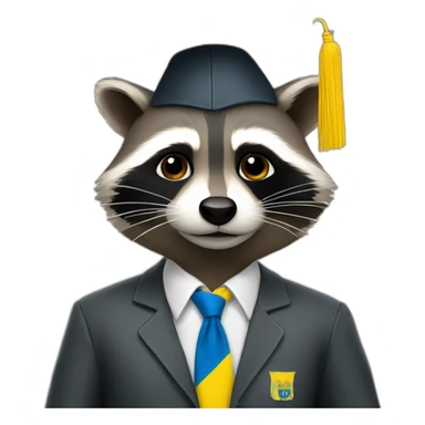 A raccoon student in a suit in the color of the Ukrainian flag in a square academic cap sticker