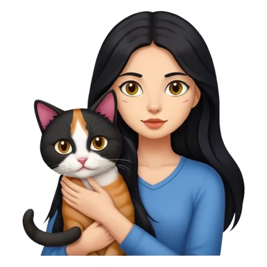 Medium skin Woman with long black hair with a tricolor cat  sticker
